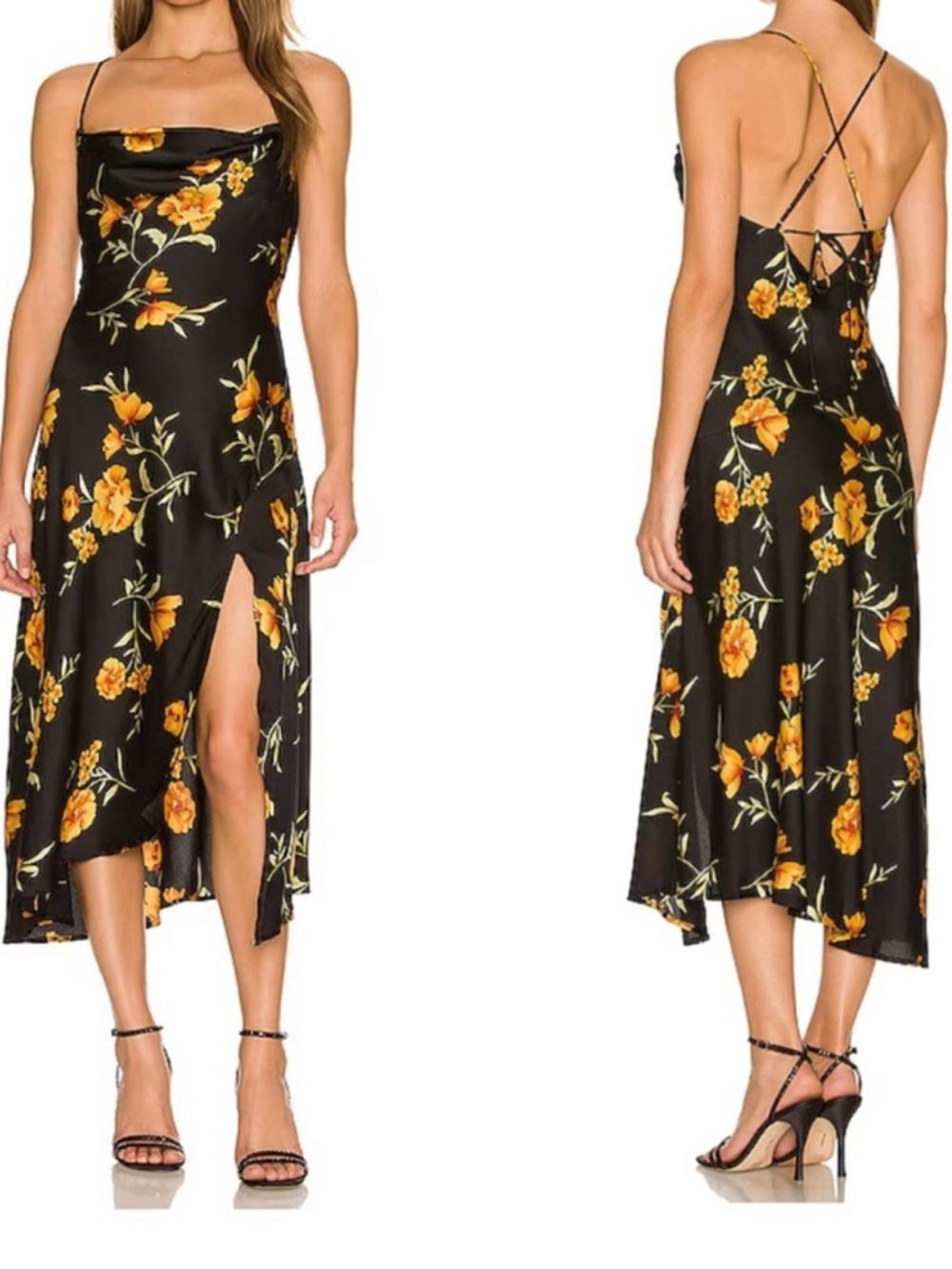 ASTR The Label Gaia Midi Dress Black Gold Floral Size Medium